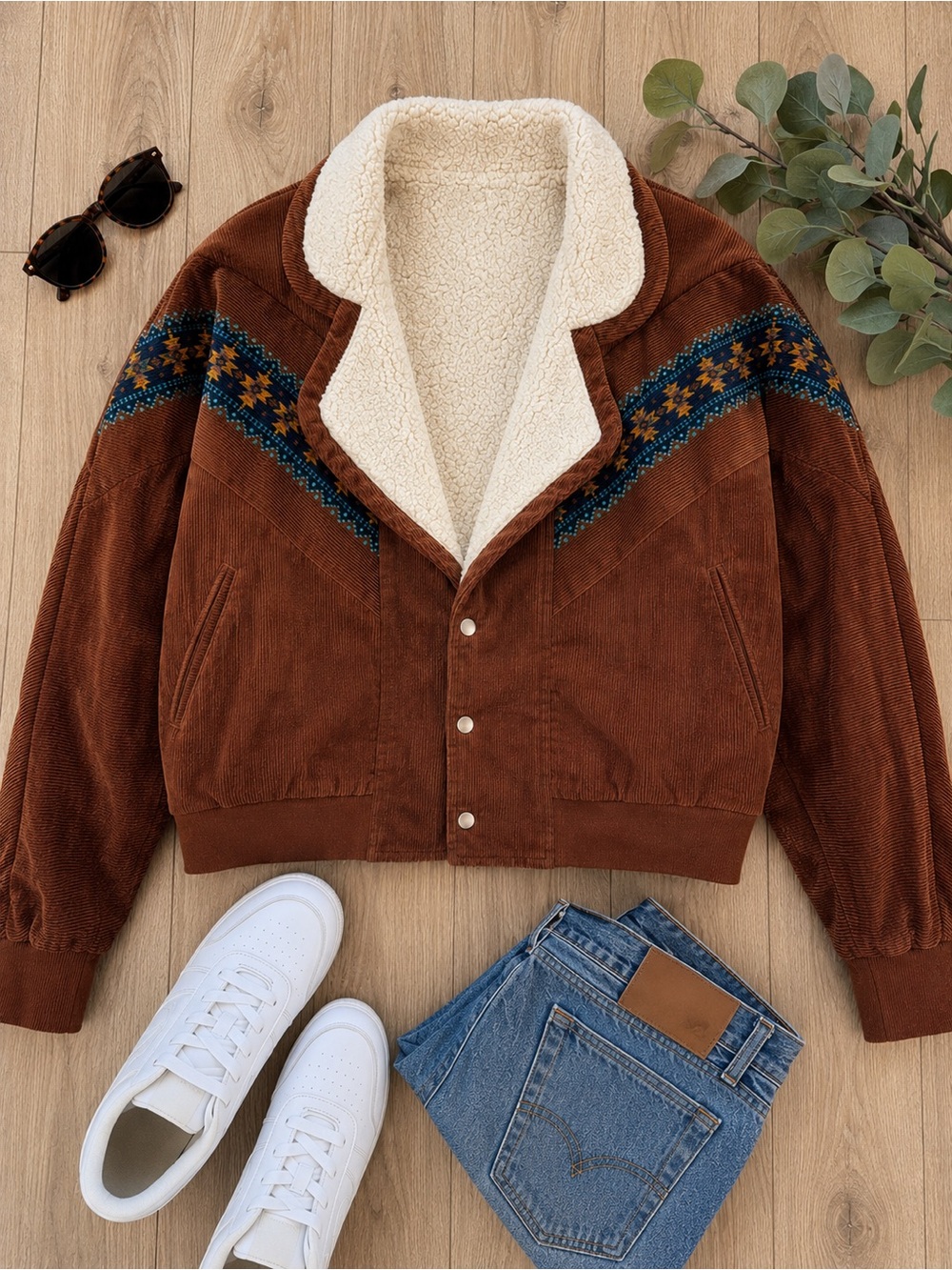 Wildfox Sherpa Lined Corduroy Western Jacket Large Brown Aztec Print Cozy